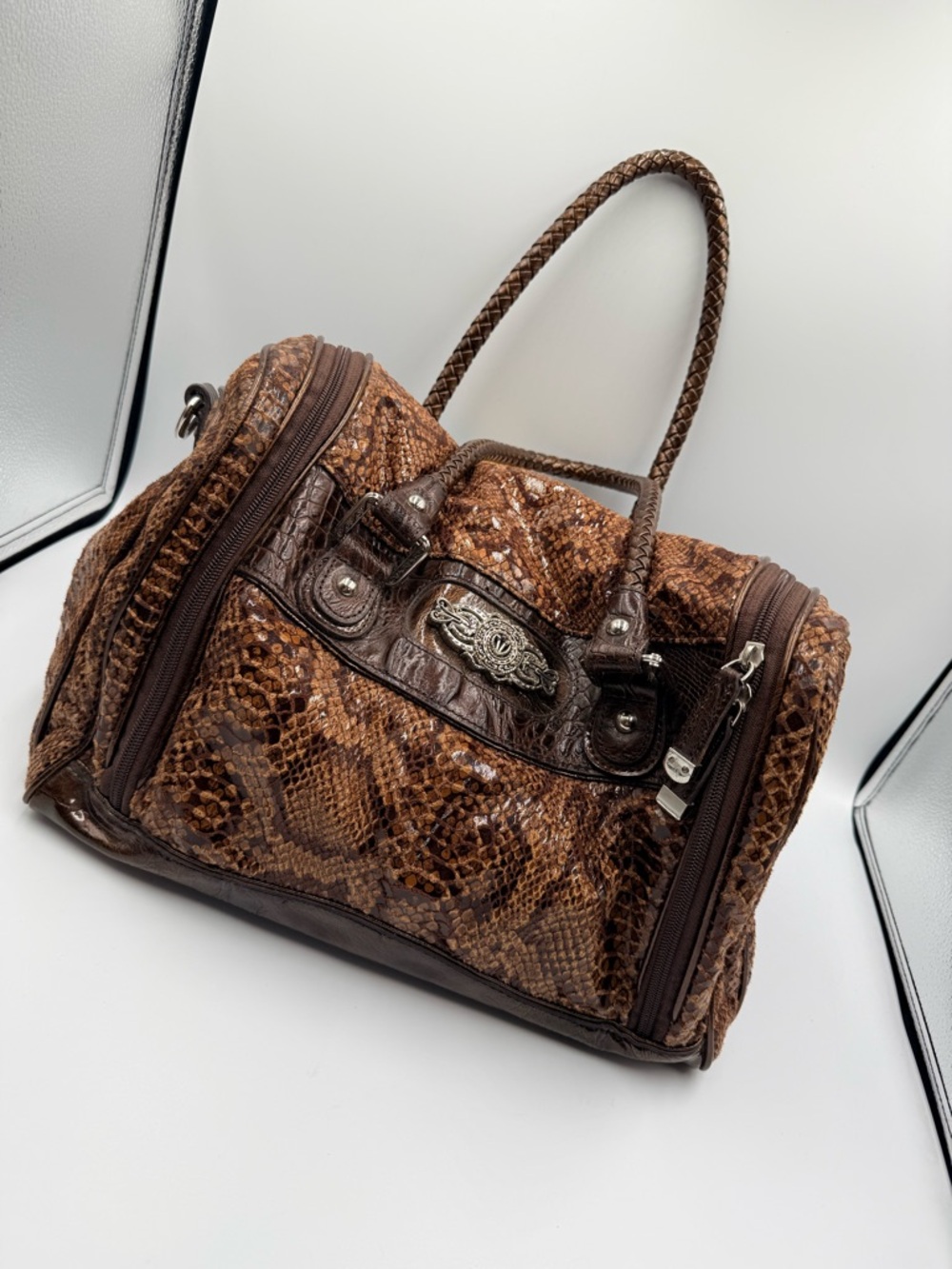 Vintage Y2K Snakeskin Satchel Bag Brown Python Print Silver Hardware Boho
